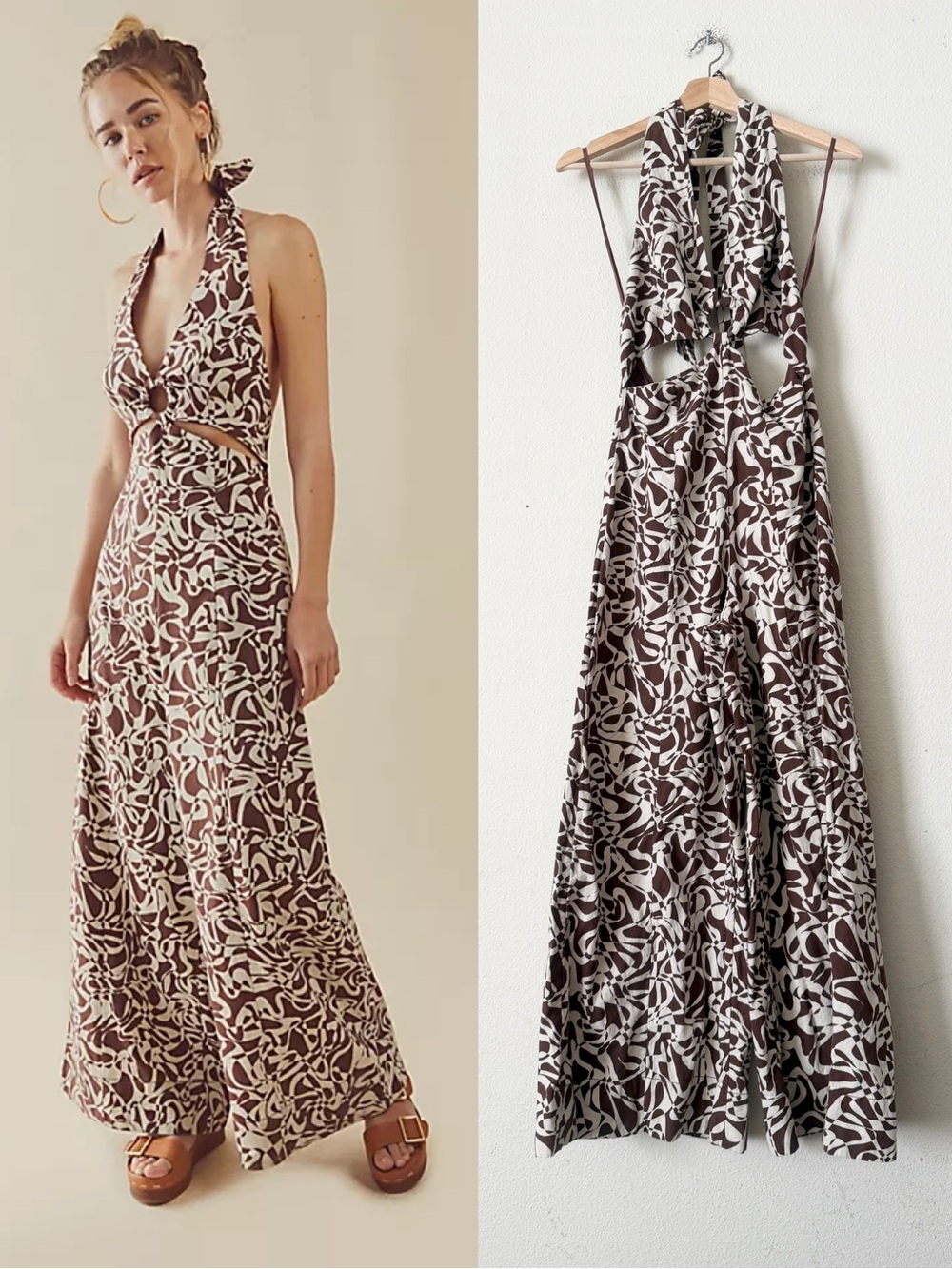 Free People SMALL Kira halterneck wide leg jumpsuit in brown geometric print